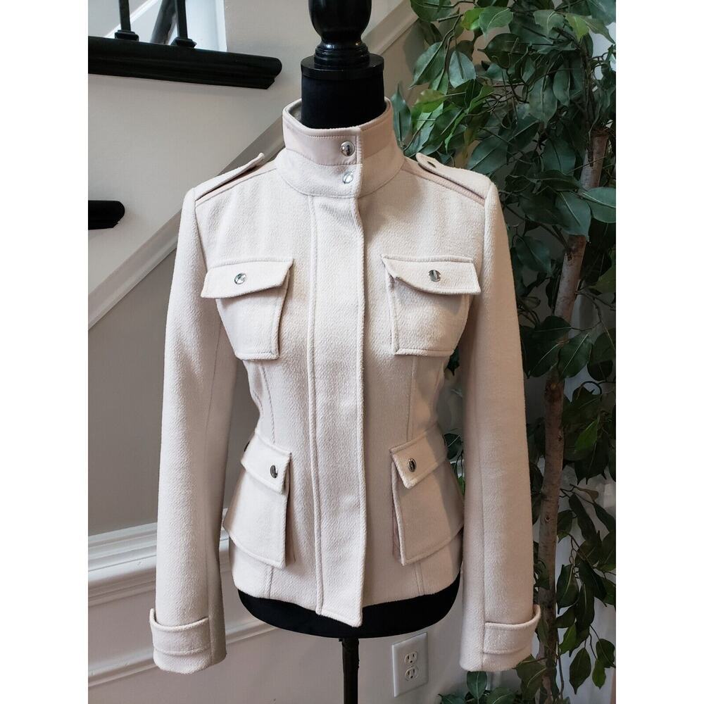 Calvin Klein Womens Beige Flap Pockets Mock Neck Snap Inside Zip Jacket Size 2